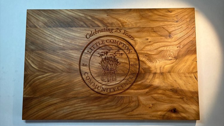 Custom engraved charcuterie board — Little Compton Community Center 25th anniversary