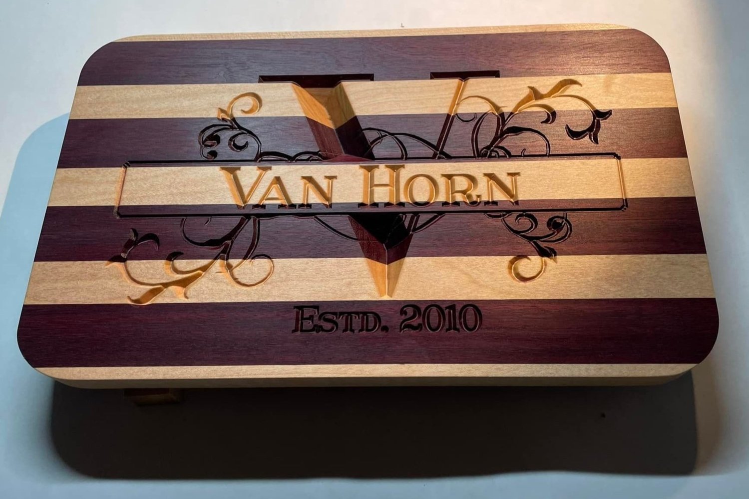 Custom keepsake box — Van Horn, with purple heart and maple stripes